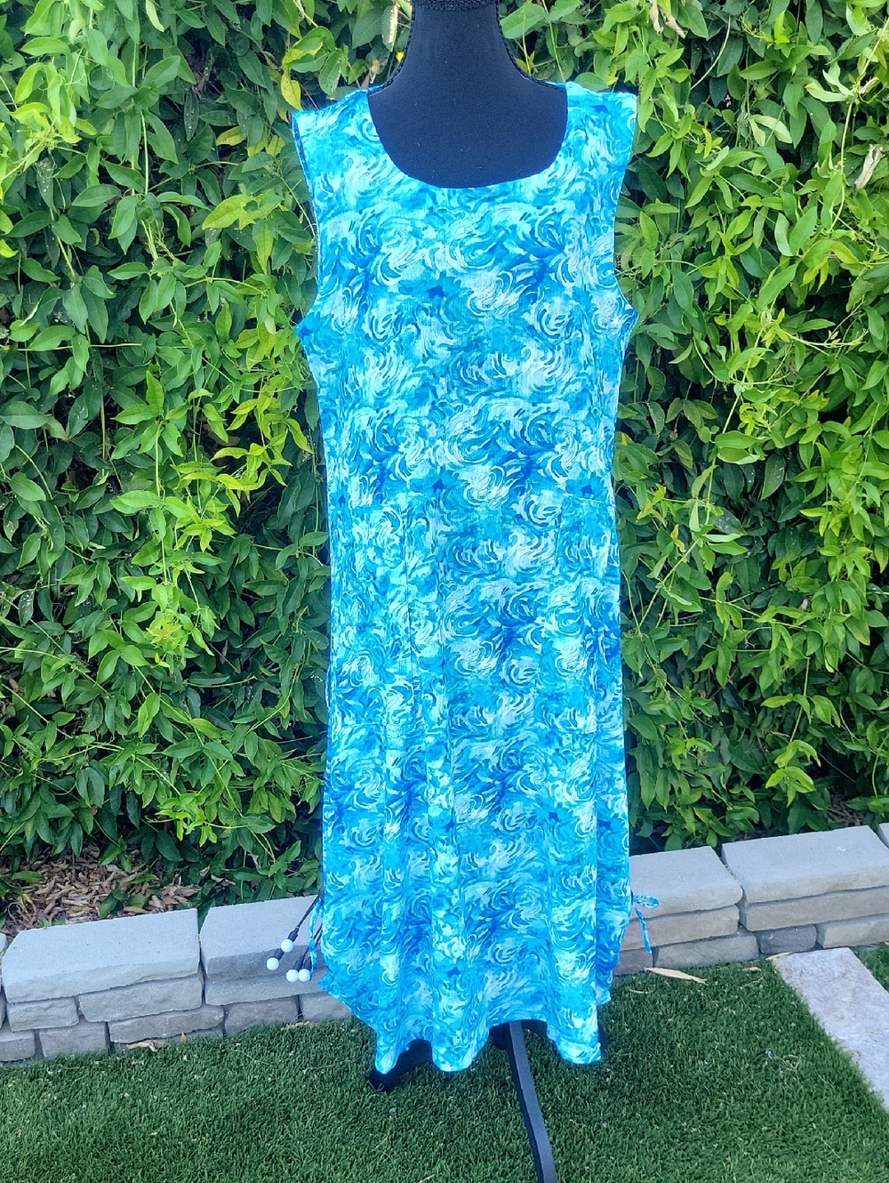 Sleeveless Blue Swirl Print Midi Dress Swim Coverup